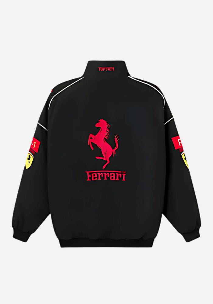 Ferrari F1-Inspired Racing Jacket – Black Zip-Up Motorsport Jacket